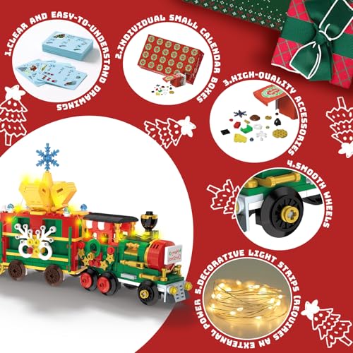 MINYSIC Advent Calendar 2025 Building Blocks Set with LED Light (Red/Green - Christmas Train)