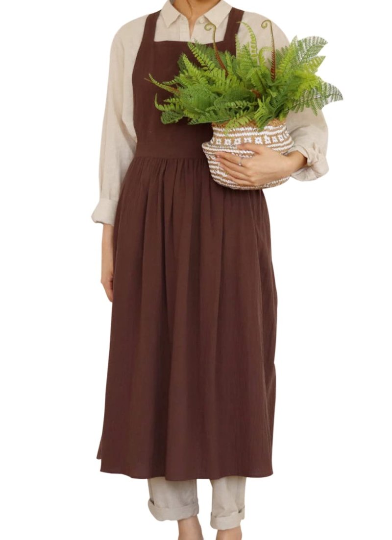 Caatoor Cute Retro Cotton Linen X-Back Aprons Home Kitchen Garden Art Painting Pinafore Florist Shop Overalls (Dark Brown, 42" L)