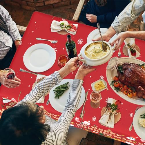 Disposable Red Gold Gingerbread Tablecloth (2 pcs) 54x108 in | Christmas Plastic Table Cover