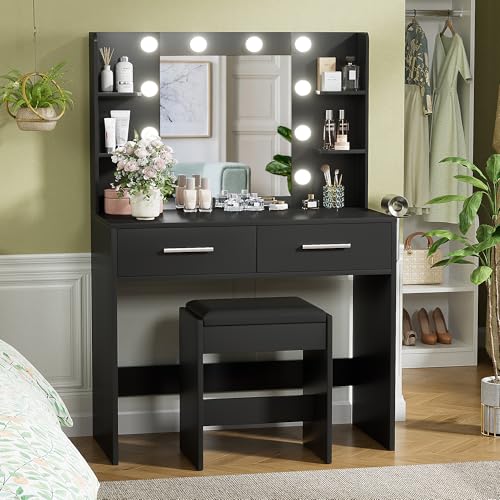 Vanity Desk with Lighted Mirror, Drawers, Power Outlet and Bench - Black