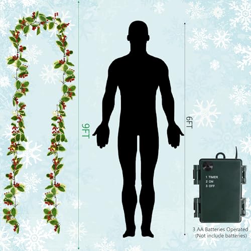 Juegoal 9FT Pre-lit Christmas Garland with Red Berries & Holly, Battery Operated with Timer