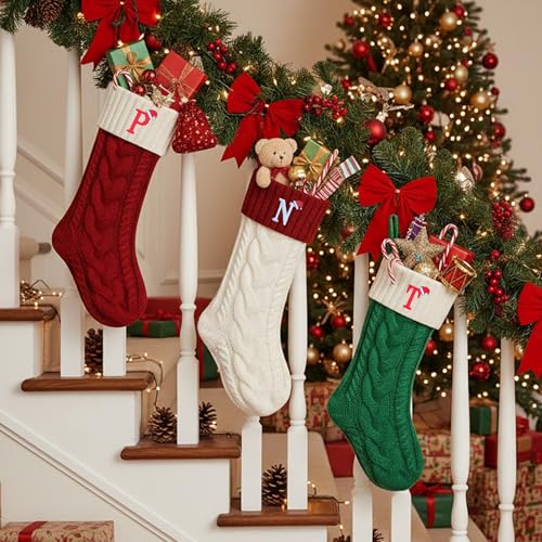Monogram Initial Cable Knit Christmas Stocking - 18 Inch Holiday Stocking
