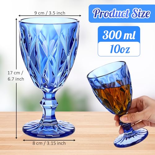 Vintage Embossed Blue Glass Goblets - 10 oz Stemmed Wine Glasses, Set of 12