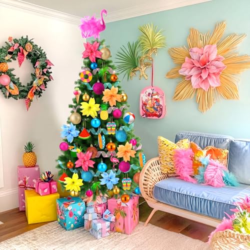 65 Pcs Tropical Summer Christmas Tree Ornaments Set with Flamingo Topper