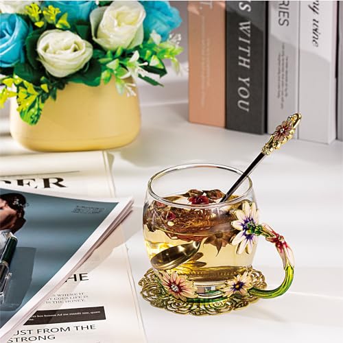 AISVELDY Gold and Green Daisy Flower Glass Coffee Mug with Spoon - Elegant Gift for Her, Mom, Grandma, Wife, Friends