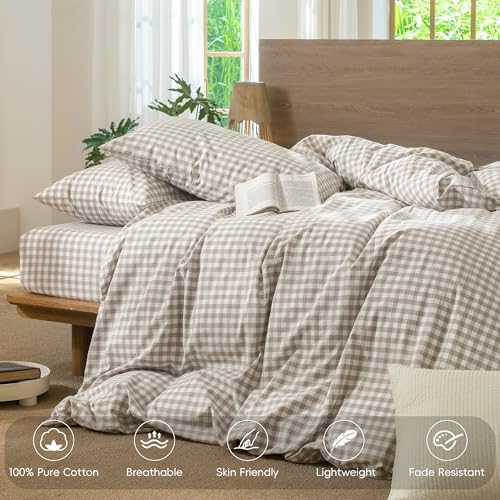 100% Washed Cotton Gingham Duvet Cover Set - Soft Linen-Like Bedding