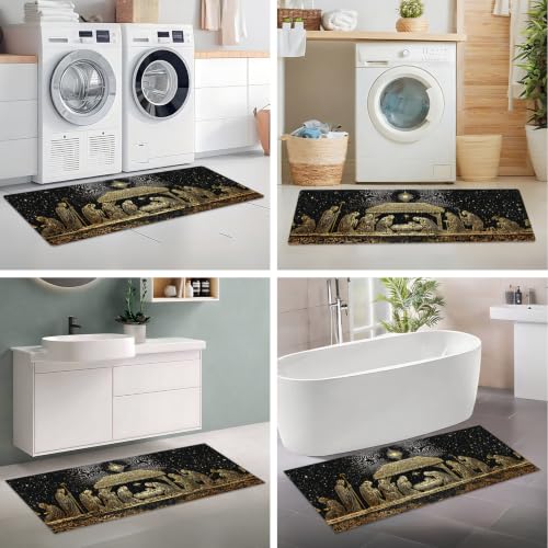 Christmas Nativity Runner Rug 47x20in with Non-Slip Backing, Jesus Manger Starry Night Decor for Laundry Room Entryway