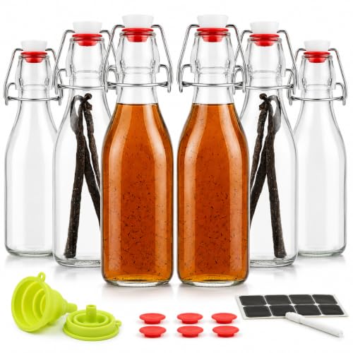 Swing Top Glass Bottles 8.5 oz 6-Pack with Funnel and Labels