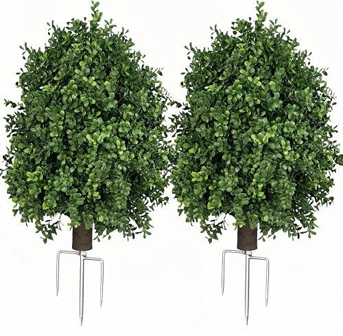 14-Inch Artificial Boxwood Topiary Ball with Ground Stake for Outdoor Decor