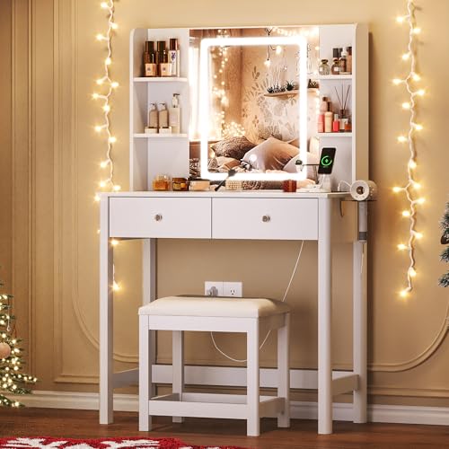 Small Vanity Desk with LED Mirror, 3-Color Lighting, Power Outlet & Stool