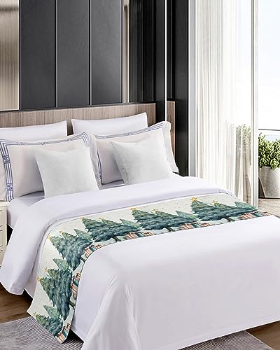 Christmas Tree Bed Runner for Queen Bed - Satin Bed Scarf, 83x20 Inch