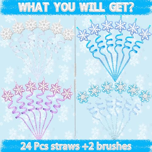 Reusable Frozen Snowflake Drinking Straws with Glitter Toppers - 24 Pcs