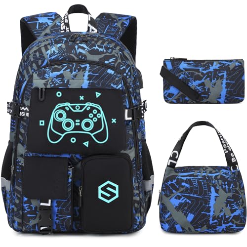 Cool Luminous Boys School Backpack Set with Lunch Bag & Pencil Case