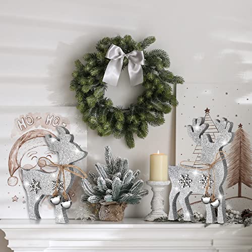 Sanwuta 2-Piece Reindeer Tabletop Decor – Wooden Elk Figurines with Silver Bell (Mother & Calf)