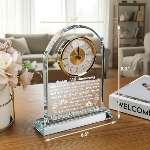 15th Wedding Anniversary Glass Clock Gift for Couples