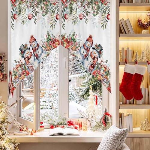 BEMIGO Christmas Red Eucalyptus Valance Set of 2 28W x 36L, Rod Pocket Farmhouse Curtains