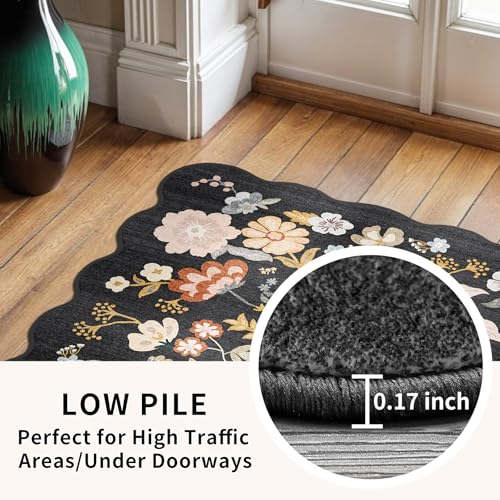 3x6 Washable Floral Runner Rug, Non-Slip Scalloped Hallway Floor Mat