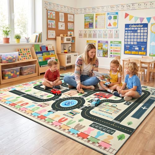 4'x6' Kids Road Play Rug - Washable Non-Slip City Town Traffic Playmat
