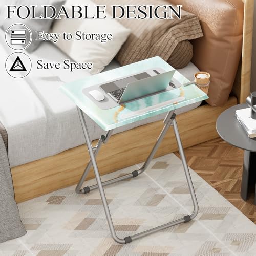 Folding TV Tray Table Set of 2 with Phone Slot, Sea Blue Marble, 25.6-inch