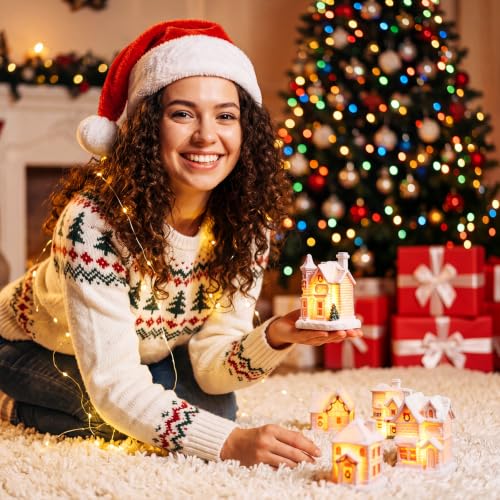 Soaoo 10 Pcs Christmas Village Houses with Figurines – Pink LED Lighted Mini Village Set