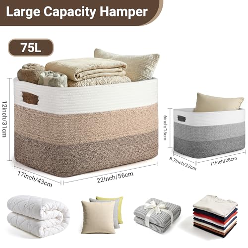 75L Large Rectangle Cotton Rope Laundry Basket, Woven Blanket Storage Bin