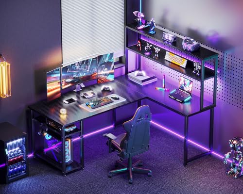 53-Inch L-Shaped Gaming Desk with Hutch, LED Lights, and Storage Shelves