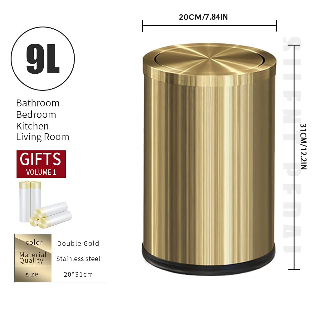 LEASYLIFE Gold Bathroom Trash Can with Lid – 2.4 Gallon Small Brass Garbage Can, Swing Lid & Non-Slip Base for Office, Laundry,Bedroom(Single)