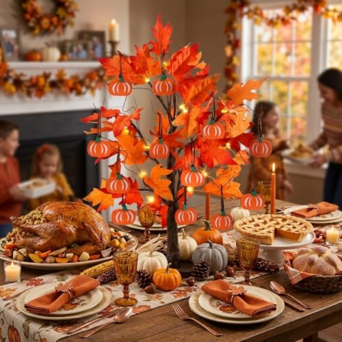 Lighted Maple Leaves Tree with Pumpkin Ornaments - 24" Fall Decor