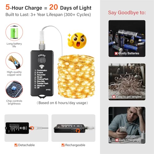 Rechargeable Fairy Lights 66ft Warm White 200 LEDs with Remote & DIY Timer