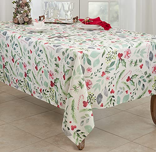 Christmas Foliage and Candy Canes Tablecloth 90x65 Inches Holiday Decor