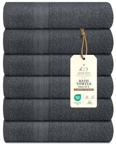 6-Pack 100% Cotton Bath Towels - 24" x 48" Soft Absorbent Charcoal Grey