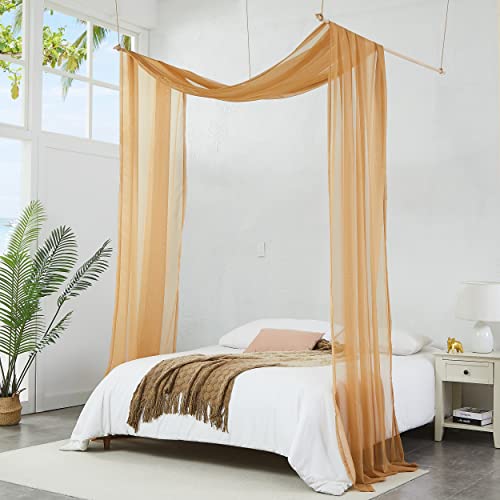 Caramel Gold Sheer Bed Canopy Curtains - 55 x 144 Inch Bed Scarves, Set of 2
