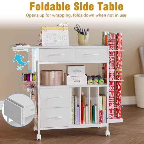 Rolling Wrapping Paper Storage Cart with Foldable Table and Drawers