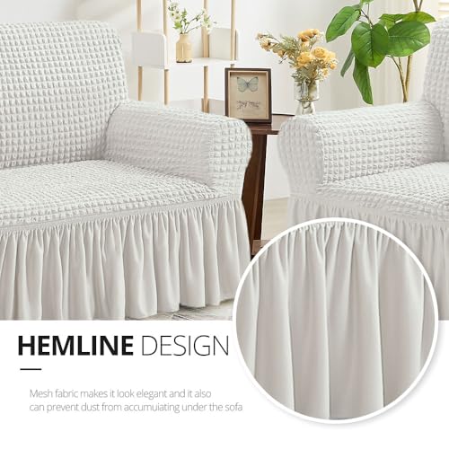 Ivory Stretch Sofa Cover with Skirt | Durable Slipcover for 3-Seater