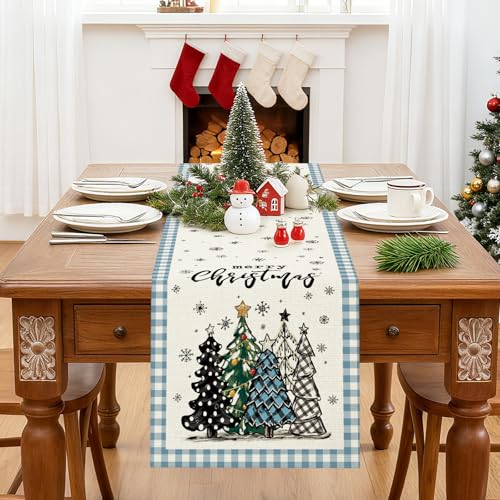 OTOSTAR Buffalo Plaid Christmas Table Runner 13x90in - Light Blue Snowflake Tree Holiday Farmhouse Kitchen Decor