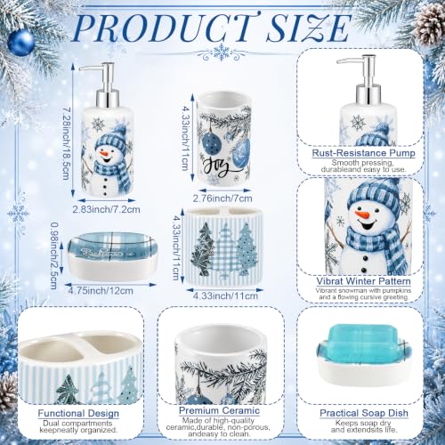 Blue Snowman Bathroom Accessories Set - Ceramic 4-Piece Christmas Decor