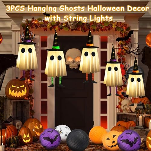 Light-Up Hanging Halloween Ghost Decor with Witch Hats - Set of 3