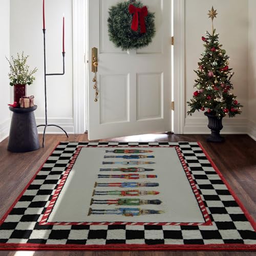 Ouyattle 3x5 Nutcracker Christmas Rug - Black and White Non-Slip Faux Wool Runner