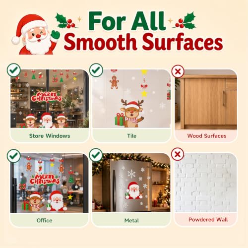 Christmas Window Clings Static Decals Set - Santa Snowflake Reindeer, 6 Sheets