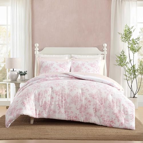 Floral Waffle Textured Comforter Set with Shams - Pastel Pink, Full/Queen