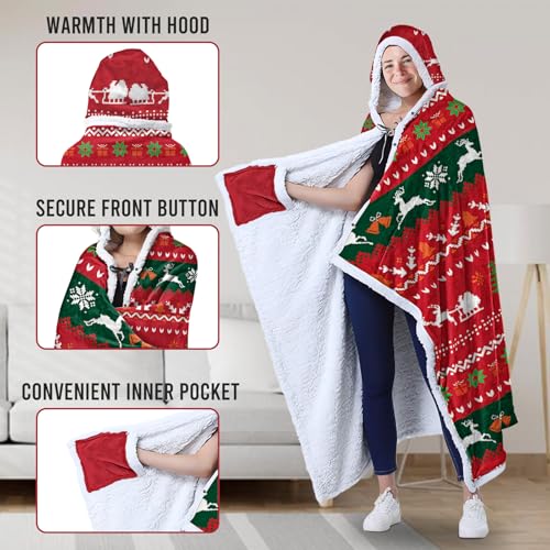 Christmas Red Wearable Blanket Hoodie for Women - Cozy Flannel Holiday Gift - 47x71"