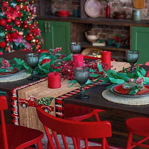 PIEPLE Christmas Red Truck Table Runner 13x36 Inch Farmhouse Holiday Decor