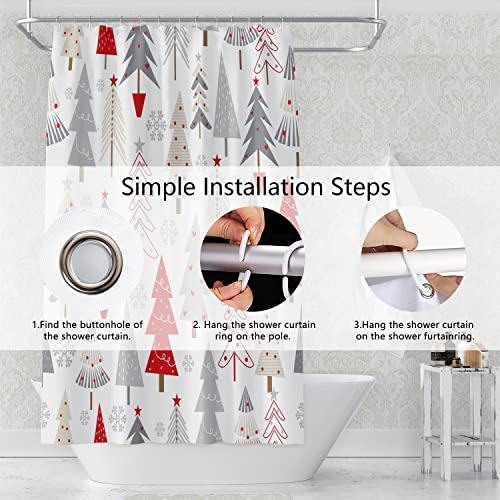 Christmas Tree Bathroom Shower Curtain Grey Pines Pattern Snowflakes