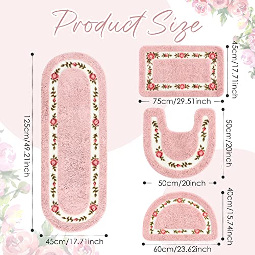 4-Piece Pink Floral Bathroom Rug Set - Non-Slip Absorbent Flower Bath Mats