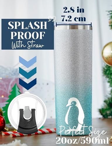 20oz Silver Blue Penguin Tumbler with Lid & Straw - Insulated Stainless Steel Gift