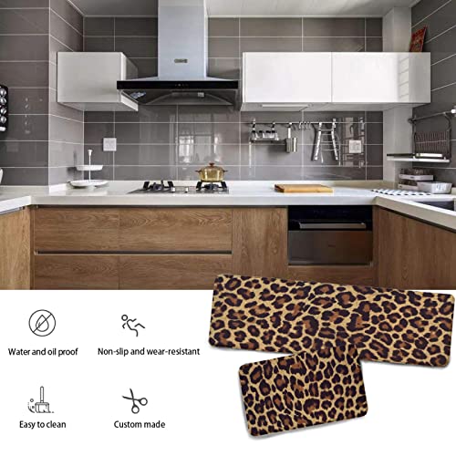 Leopard Print Kitchen Rug Set, 2-Piece Non-Slip Washable Flannel Floor Mats