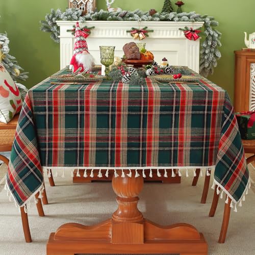 Christmas Green Checkered Tablecloth 86x55 Inch Rectangular Buffalo Plaid with Tassels