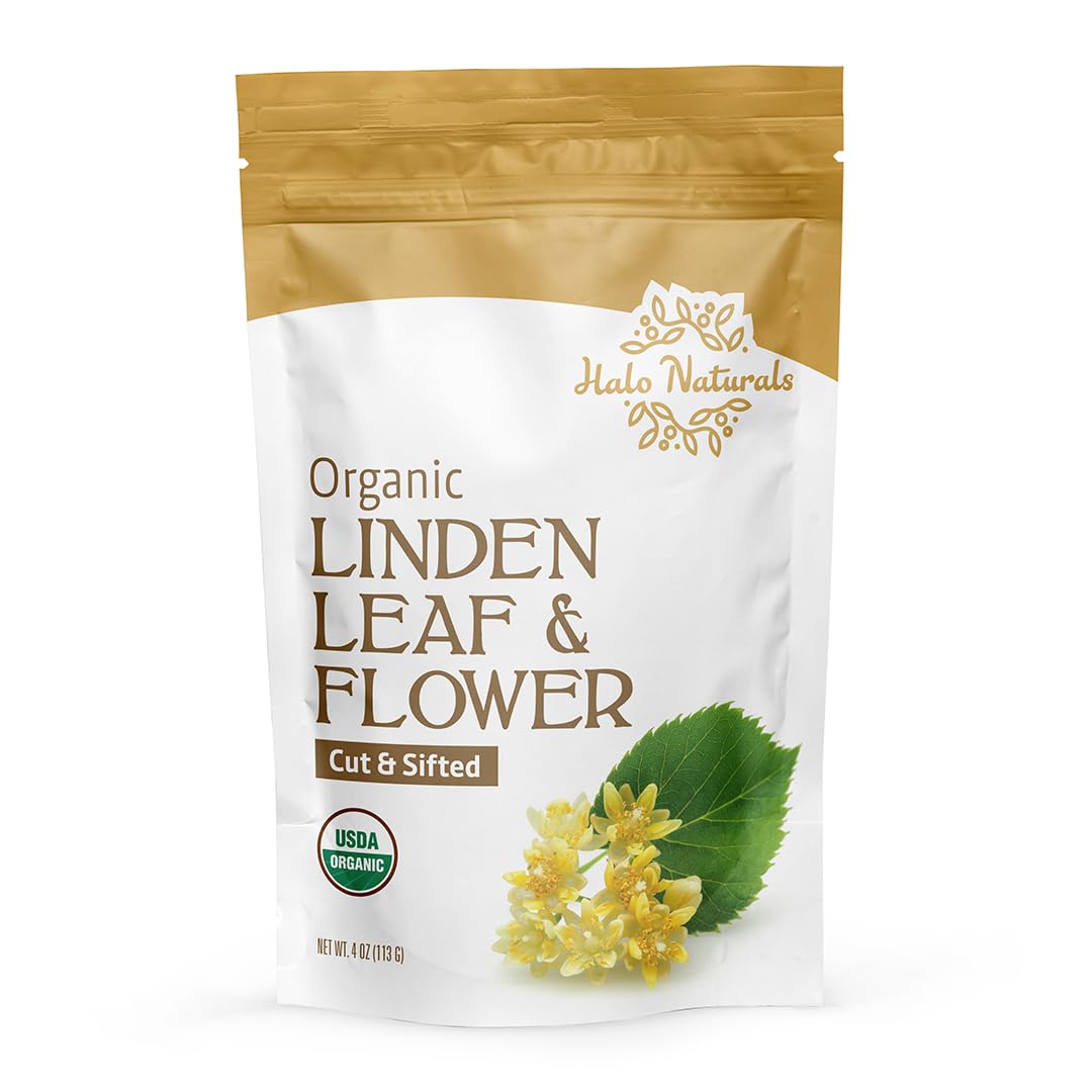 Halo Naturals Organic Linden Leaf & Flower Cut & Sifted, 4 Ounces (Tilia europaea) USDA Certified | Resealable Pouch| Packaged in The USA