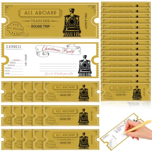 Gisafai 12 Pcs Christmas Express Train Tickets Bulk Gold Invitation, 7.9x3 in
