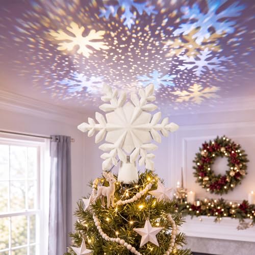 Seenelling Cream Velvet Christmas Tree Topper with LED Snowflake Projection - White